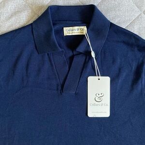 Collars & Co Short Sleeve Sweater Polo Men’s Small Navy Blue Cotton Silk NWT